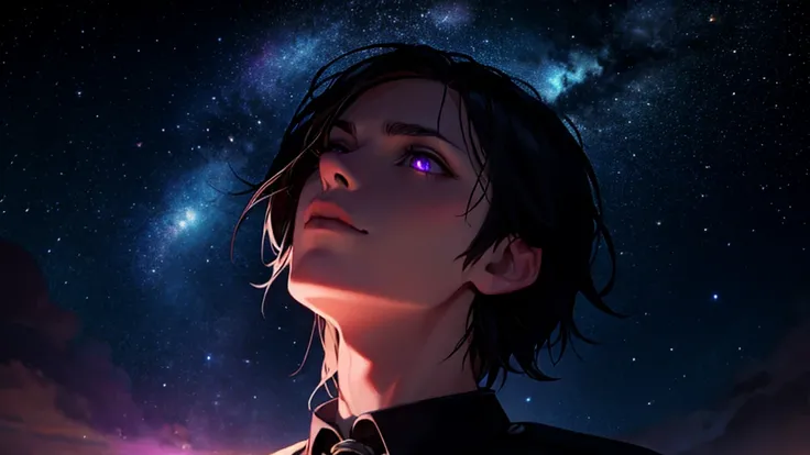 a gothic man with black hair, purple eyes looking up at the starry sky, the stars reflected in his eyes, dark and mysterious, cinematic, dramatic lighting, moody atmosphere, hyper-detailed, 8K, high quality, photorealistic