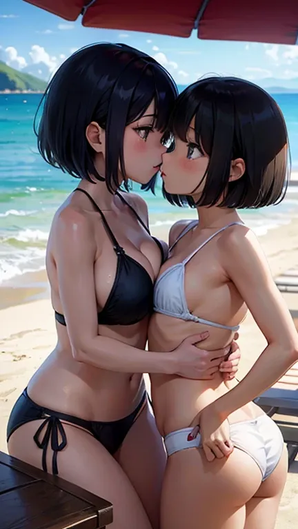 Two Girls、Two Girls kiss、kiss、(With short hair)肌の黒い女の子とAsian girl with long black hair)、(With short hair肌の黒い女の子)、(Asian girl with long black hair)、bikini、Beach