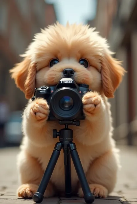 Cute dog，personification，permanent，Holding a camera，tripod，Photographer，Photo Gestures，,Set,tie, (Delicate face), (Fine hairs)，（35mm Cinema Lens），（Multi-angle shooting），（many viewing angles）