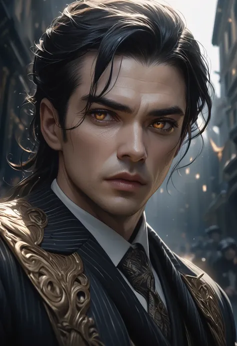 a man with long black hair, golden eyes, wearing a suit and suit coat, fantasy style, detailed face and eyes, dramatic lighting, cinematic composition, realistic, photorealistic, ultra-detailed, 8k, best quality, masterpiece, elegant, mysterious, moody