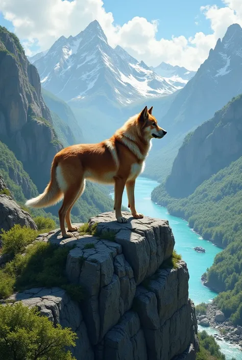 A dog on a mountain next to a river