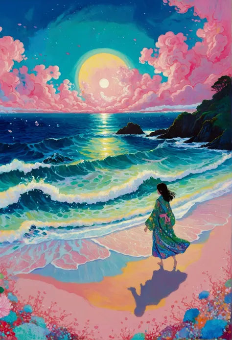 Painting of a person walking on the beach at night, Juster Battle, Magical Beach, Overlooking the pink ocean, author：Naomi Okubo, Dream painting, inspired author：Naomi Okubo, dreamy painting of coronavirus, Detailed Dreams, Fantasy psychedelic anime, Magic...