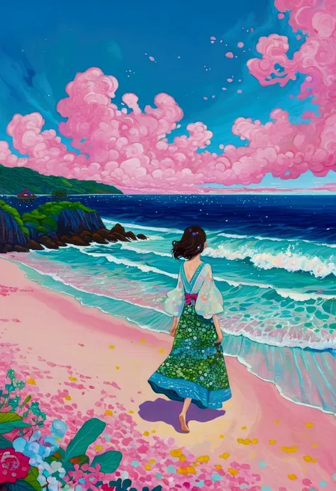 Painting of a person walking on the beach at night, Juster Battle, Magical Beach, Overlooking the pink ocean, author：Naomi Okubo, Dream painting, inspired author：Naomi Okubo, dreamy painting of coronavirus, Detailed Dreams, Fantasy psychedelic anime, Magic...