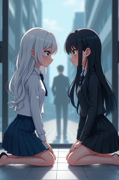 
Checkpoint Two girls kneeling in front of a company, one is white hair, blue eyes and the other is black-haired, dark green eyes 