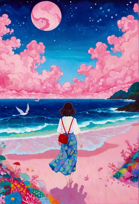 Painting of a person walking on the beach at night, Detailed artwork by Naomi Okubo, tumblr, Magical Realism, Juster Battle, Magical Beach, Overlooking the pink ocean, Dream painting, dreamy painting of coronavirus, Detailed Dreams, Fantasy psychedelic ani...