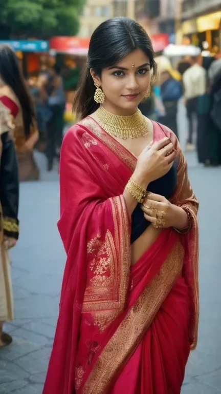 In the bustling streets of a vibrant Indian city, amidst the kaleidoscope of colors and scents, a woman (((Anne Hathaway: Selena Gomez:0.6))) clad in a vibrant red saree and a black blouse becomes an ethereal sight that captivates all who lay eyes upon her...