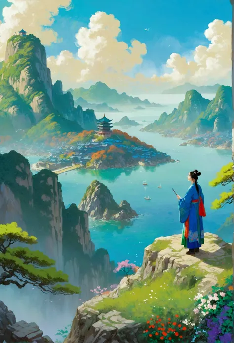 There is a painting，A person standing on a mountain overlooking the sea, A beautiful artistic illustration, Amazing wallpapers, HD Wallpapers, author Choi Buk, 4k hd illustration wallpaper, Beautiful wallpapers, Desktop Wallpapers, author Sim Sa-jeong, aut...