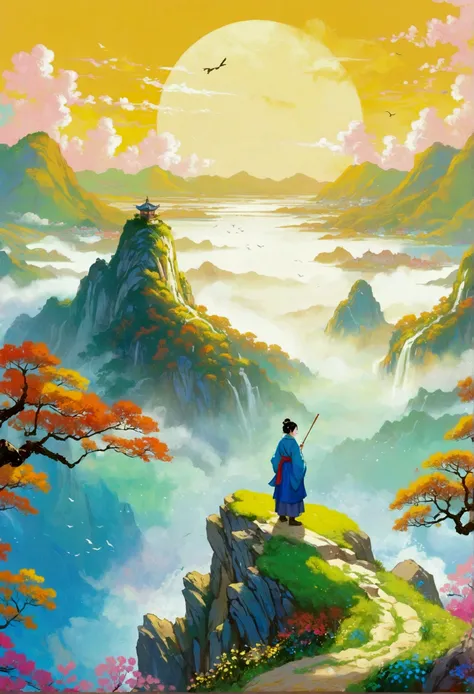 There is a painting，A person standing on a mountain overlooking the sea, A beautiful artistic illustration, Amazing wallpapers, HD Wallpapers, author Choi Buk, 4k hd illustration wallpaper, Beautiful wallpapers, Desktop Wallpapers, author Sim Sa-jeong, aut...