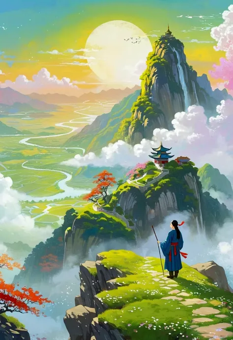 There is a painting，A person standing on a mountain overlooking the sea, A beautiful artistic illustration, Amazing wallpapers, HD Wallpapers, author Choi Buk, 4k hd illustration wallpaper, Beautiful wallpapers, Desktop Wallpapers, author Sim Sa-jeong, aut...