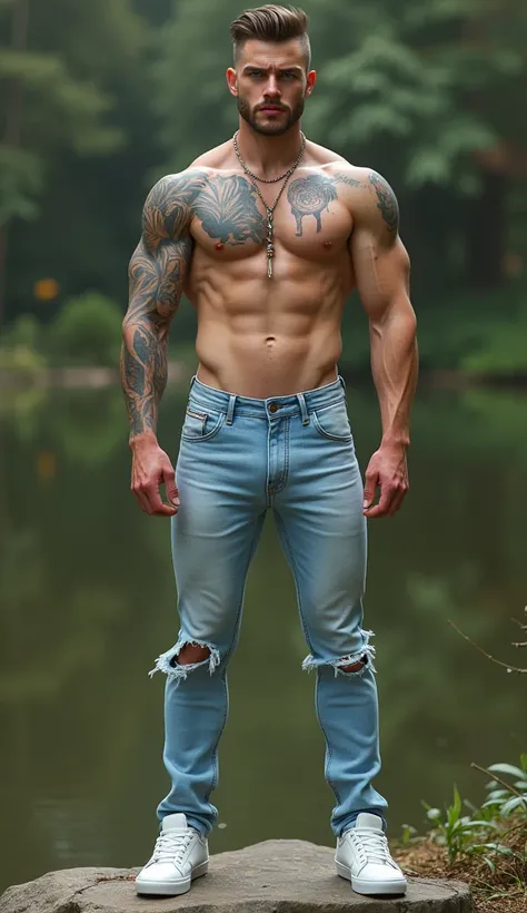 Fullbody standing picture of white skin Handsome  muscular horny nude sexy gay man wearing light blue skinny ripped jean tights, shiny yellow Disconnected Pompadour oiled hair style, blue eyes, shiny white varnished vinyl vans, red lip, chain, tattoos, hor...