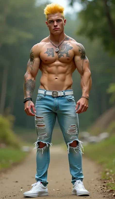 Fullbody standing picture of white skin Handsome  muscular horny nude sexy gay man wearing light blue skinny ripped jean tights, shiny yellow Disconnected Pompadour oiled hair style, blue eyes, shiny white varnished vinyl vans, red lip, chain, tattoos, hor...