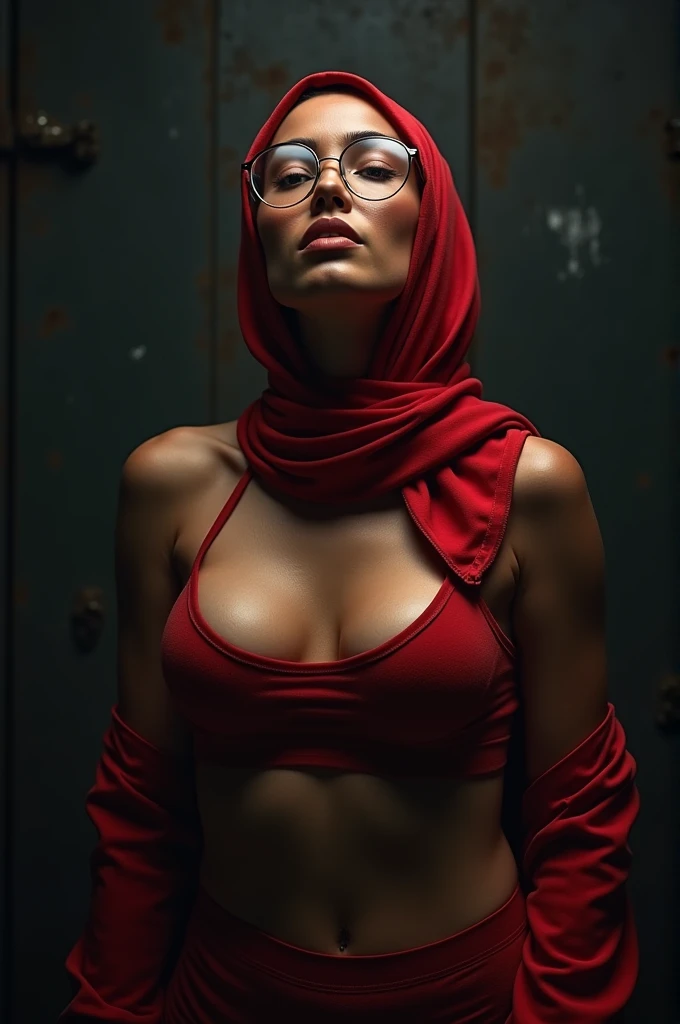 military girl Best quality, masterpiece, super high resolution, a super model, super beautiful face, pure body, clear pores visible, big boob (smile:0.8), nude, use red hijab, use glasses, (realism:1.5), original photo, body, covered in sweat, bare shoulde...