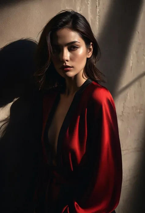 woman bathed in soft light, leaning against a wall, looking into the camera in a moment of raw emotion. Her attire is minimal, accentuating her beauty with the dramatic shadows cast by the lighting. The background is stark, with sharp contrasts highlightin...