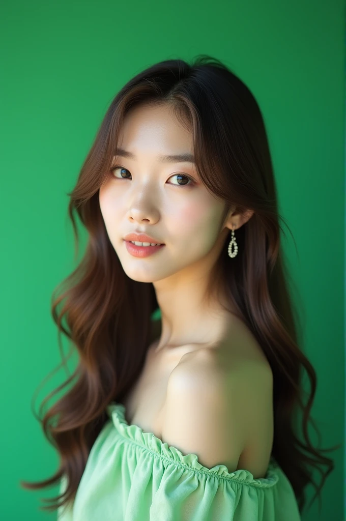 Create a brown-haired Korean woman in an all-green photo studio