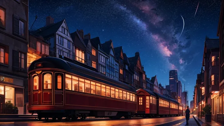 modern city at night, buildings, carriages, starry sky, moonligh, reddish color palette, cat looking up at the sky