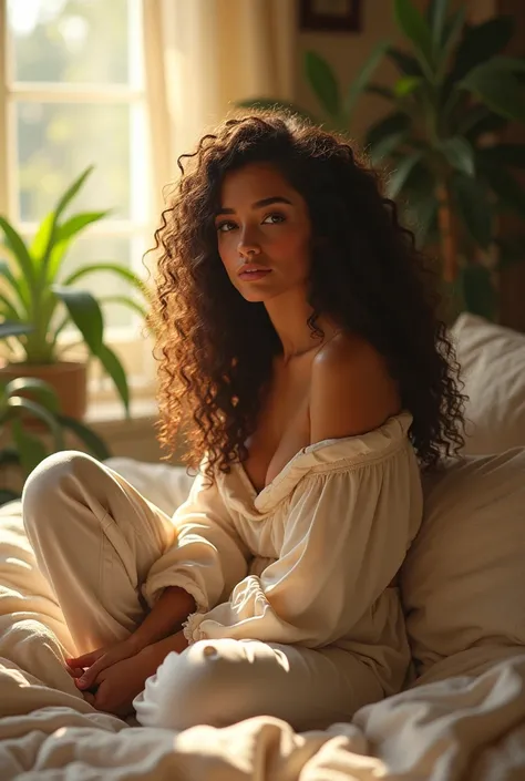 (photorealism:1.2), beautiful woman, sitting on bed, wearing loose off-shoulder top, pajama pants, long curly hair, indoors, soft lighting, plants in background, window with sunlight, cozy room, relaxed pose, realistic, intricate details, warm colors, by G...