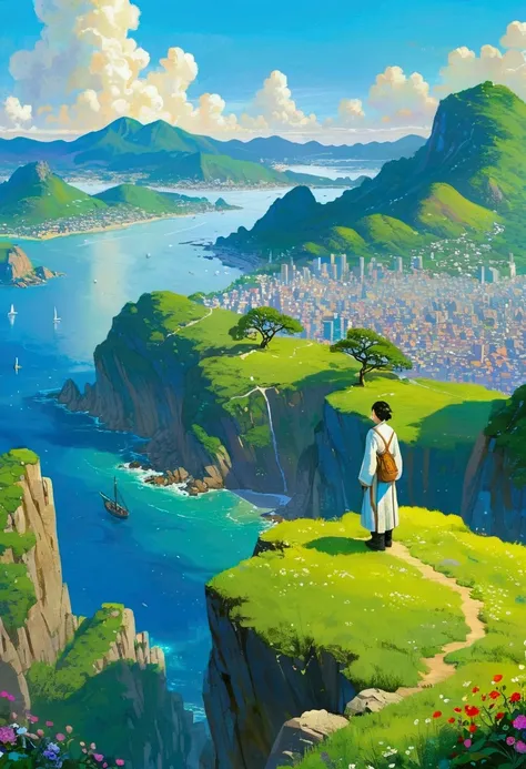 There is a painting，A person standing on a mountain overlooking the sea, Choi Buk&#39;s numbers, Pixiv competition winner, Concept Art, A beautiful artistic illustration, Amazing wallpapers, HD Wallpapers, 4k hd illustration wallpaper, Beautiful wallpapers...