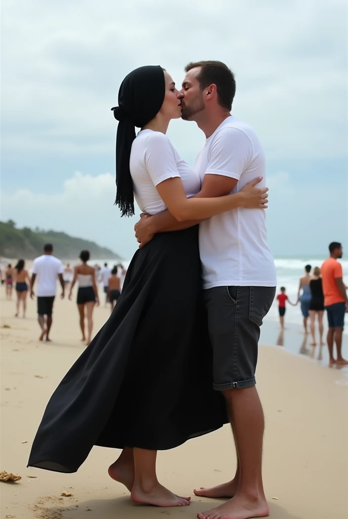 black skirt, with black headscarf, white t-shirt, Barefoot woman kissing man on the beach, 100 people are watching them