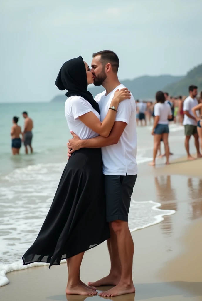 black skirt, with black headscarf, white t-shirt, Barefoot woman kissing man on the beach, 100 people are watching them