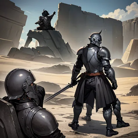 Best illustrations、Best Quality、(((Gray simple armor、Black trousers、Black gloves、Short Hair、Black Hair、20 year old man、Iron Helmet、Iron helmet)))、(((Fighting Pose)))、(Old ruins、desert。Grass)、(Masked Knight)、(Black, muddy swamp)、(Medieval Knight)、(Close you...