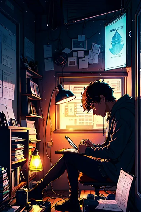 A student spends the night studying in his room, with a soft lamp illuminating their notebooks. and the lo-fi music plays softly in the background.