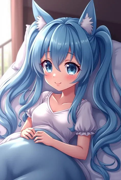 anime girl whit blue hair she its  18 years old and staing in bed show the pussy