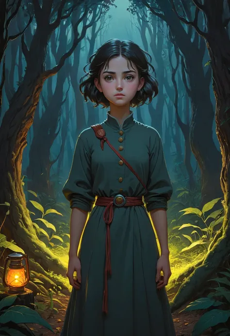 Beautiful girl standing in the dark forest, Epic Style, Octane Rendering, Desert ingredients, Pretty Face, Surrealism, Oil on canvas, The award-winning, masterpiece, Popular on artstation, Studio Ghibli