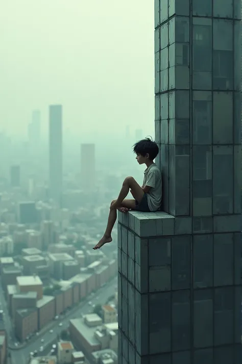 A boy sitting at the edge of tall building