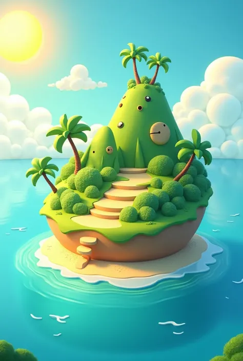 create png 3d cartoon of a blue beach floating island with yellow with water on the island 