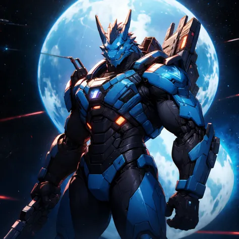 A muscular blue dragon wearing a cyberpunk mech suit, with a bulging crotch, smiling and looking out at the galaxy from a spacecraft in space, with a glowing, vibrant skin tone, hyper-realistic, 4K, dramatic lighting