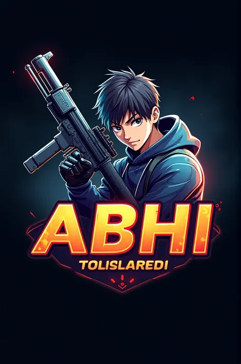 Make a gaming logo with the name of abhi behind name a anime boy whith a scarl gun of pubg and a rex x suit wear