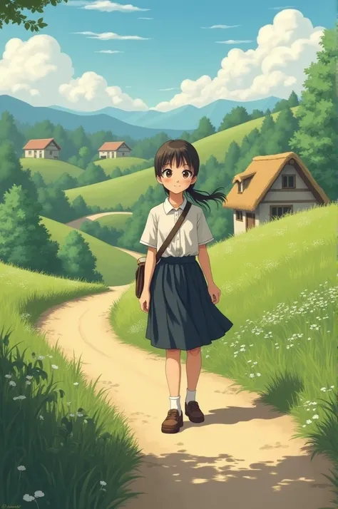 A teenage village girl returning from school