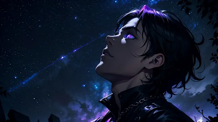 a gothic man with black hair, purple eyes looking up at the starry sky, the stars reflected in his eyes, dark and mysterious, cinematic, dramatic lighting, moody atmosphere, hyper-detailed, 8K, high quality, photorealistic