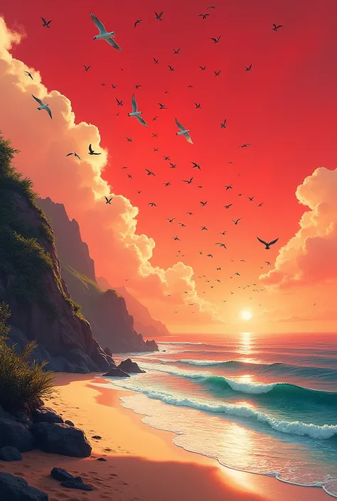 Sea beach with sun,million of bird in the red  sky.