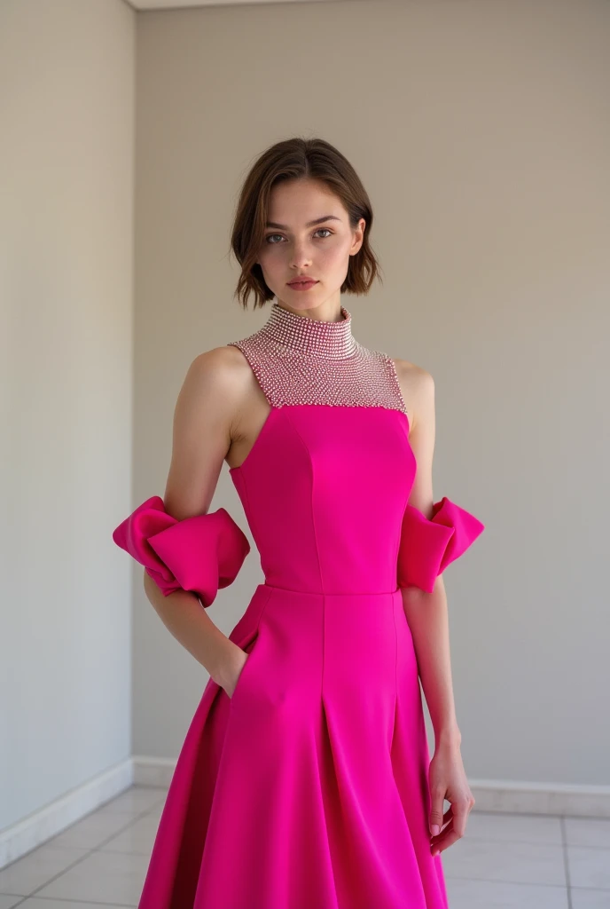 A girl wearing A hot pink mid length flare sleeveless dress with a rhinestone or pearl  top with long sleeve and turtleneck to cover only sleeve 