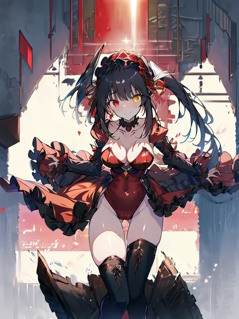 masterpiece, Highest quality, High resolution, One girl, sweeper, Long Hair, Twin tails, hair band, Heterochromia iridis, Medium chest, Cleavage, Black choker, Red ribbon, Exposing shoulders, Gothic, Red dress，((Red leotard)), Red Bow, Removable sleeves, R...