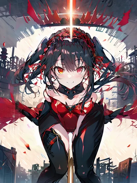 masterpiece, Highest quality, High resolution, One girl, sweeper, Long Hair, Twin tails, hair band, Heterochromia iridis, Medium chest, Cleavage, Black choker, Red ribbon, Exposing shoulders, Gothic, Red dress，((Red leotard)), Red Bow, Removable sleeves, R...