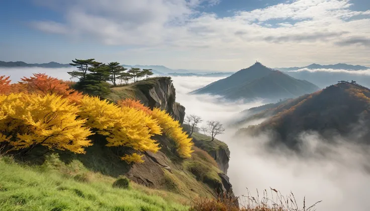 ((masterpiece, Fantasy,300kmの巨木の幹がcliff下から空まで伸びている, A lot of golden leaves in the sky, Cloudy sky on background, cliffの手前にあるhillから巨木を見上げる)),cliff,hill, grassland, fog, A quarter of the screen is a tree trunk