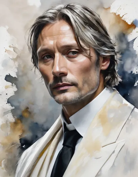 Messy painting style portrait of a Mads Mikkelsen lookalike, white, neck length hair, suit, white collar priest, white hair, no beard, serious, handsome, regal, neutral background