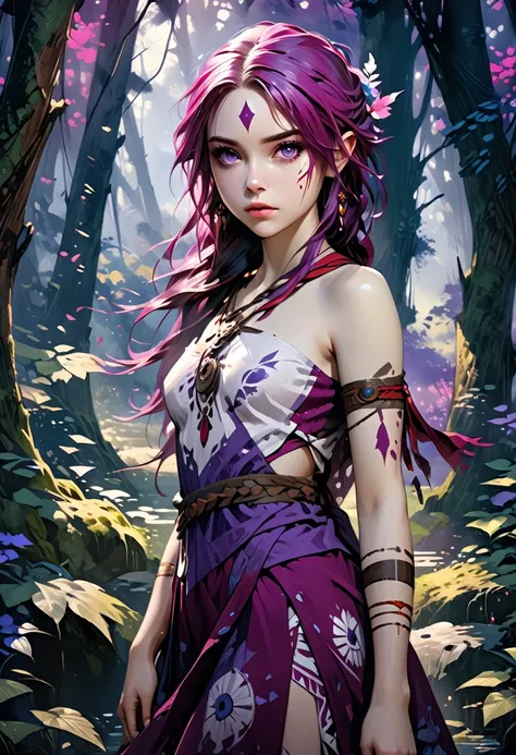 ((ultra realistic illustration:1.2)),(dark fantasy:1.4), In a mystical forest. Beautiful Elven mage. Wild (magenta hair), violet eyes, ((very pale:1.4)), beautifully fit figure, small perky breasts. (tribal war paint), long dress, bare feet .Masterpiece, (...