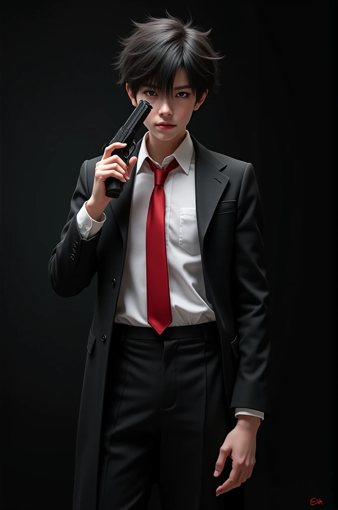 Create a image of 16 yaer boy white shirt black koat red tie and holding gun pistol in hand with killer smile