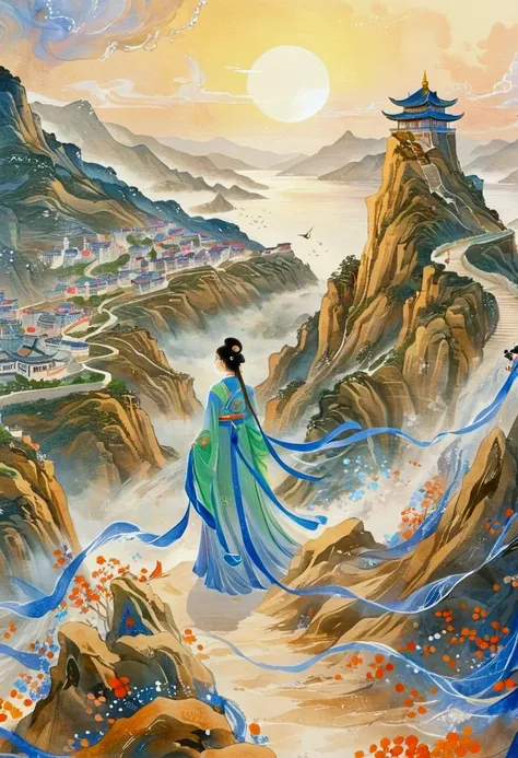 There is a painting，A person standing on a mountain overlooking the sea, A beautiful artistic illustration, Amazing wallpapers, HD Wallpapers, author Choi Buk, 4k hd illustration wallpaper, Beautiful wallpapers, Desktop Wallpapers, author Sim Sa-jeong, aut...