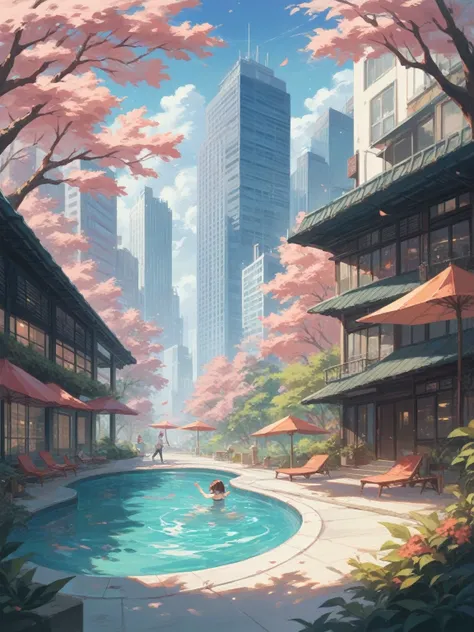 Create a futuristic building, with sakura trees planted on the sidewalk, The color of the building would be white and black, with a terrace having a swimming pool, with glasses