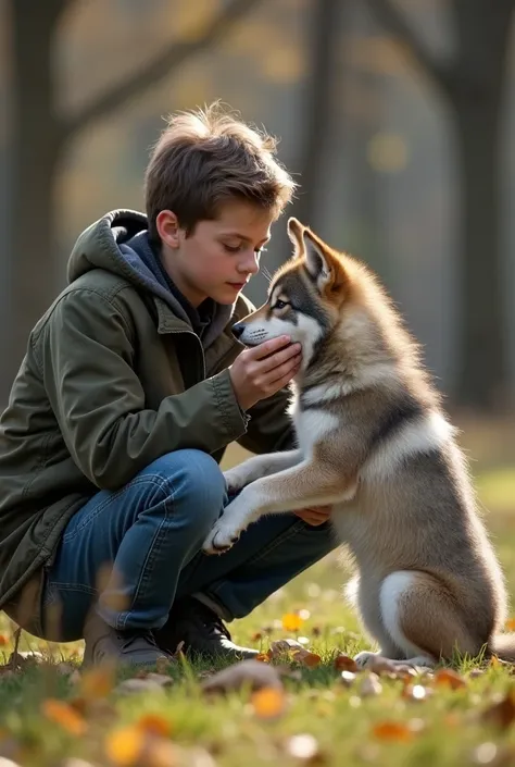 22 year old boy playing with Siberian wolf cub in the park