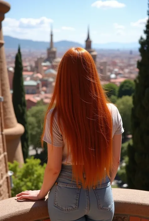 Imagine a woman with long red hair visiting Park Guell in Barcelona 