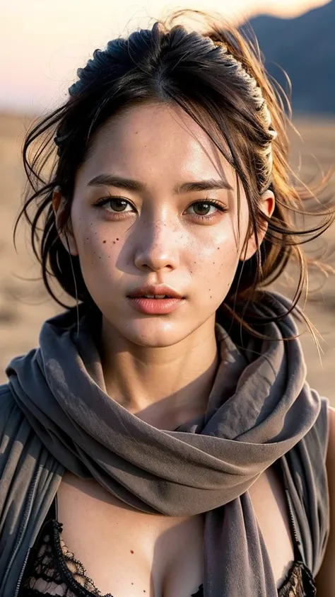 masterpiece, Transition to a desert landscape at sunset, a lonely figure, A beautiful 32-year-old American woman emerges wearing beautiful post-apocalyptic nomadic clothing., White skin, by rubio, gray blue eyes, Freckles in the face, slim body for running...