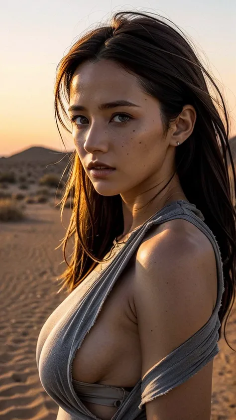 masterpiece, Transition to a desert landscape at sunset, a lonely figure, A beautiful 32-year-old American woman emerges wearing beautiful post-apocalyptic nomadic clothing., White skin, by rubio, gray blue eyes, Freckles in the face, slim body for running...