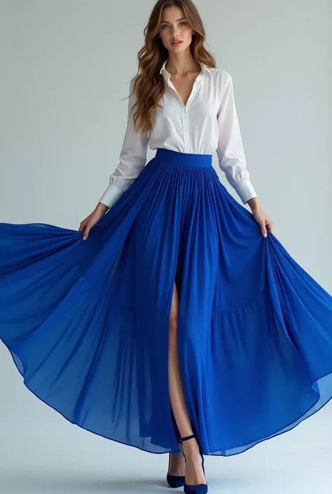 best quality,masterpiece,Ultra-high resolution,(actual:1.4),original photo,Ultra-high resolution，8k，There are women，White skin，Sophisticated makeup，，royal blue skirt:1.5，，High heel，long legs，bright and beautiful，