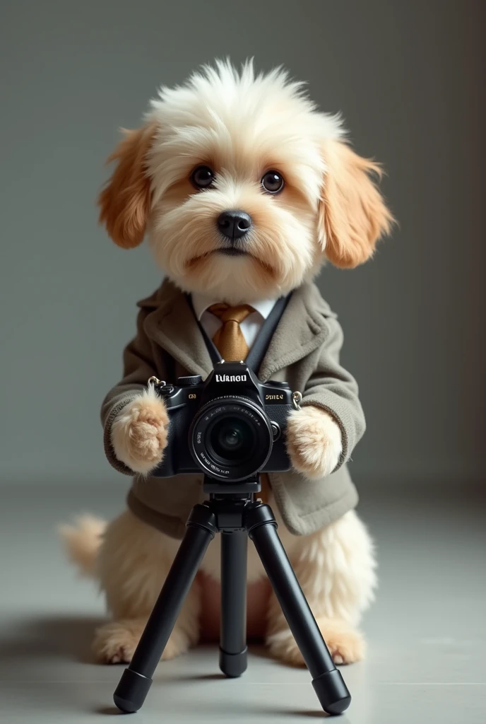 cute dog，Personification，full-body shot，Nice dog，Photographer形象，Hairy feet,Holding a camera，tripod，Photographer，Photo gesture,Set,Suit，tie, (Delicate face), (Fine hairs)，（35mm Cinema Lens），（Multi-angle shooting），（many viewing angles）