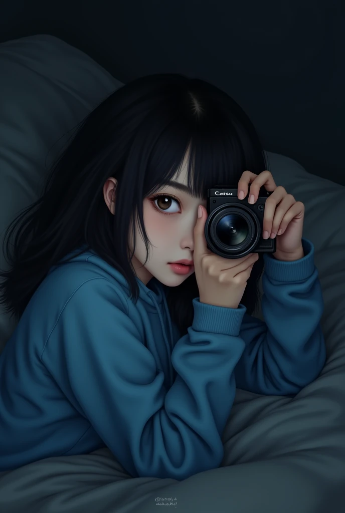 Korean girl lying down, she taking a picture of herself lying down, dark surroundings, skin fair, dark brown slanted eyes, medium straight black hair, wearing a blue sweatshirt, not very full bangs, human realistic art